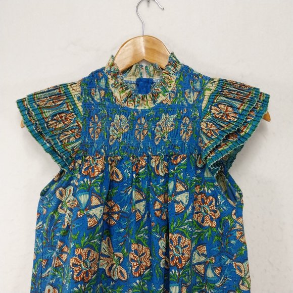 Love the Label Anthropologie Dress XXS Blue Mini Floral Boho Smocked Ruffle - Picture 2 of 9